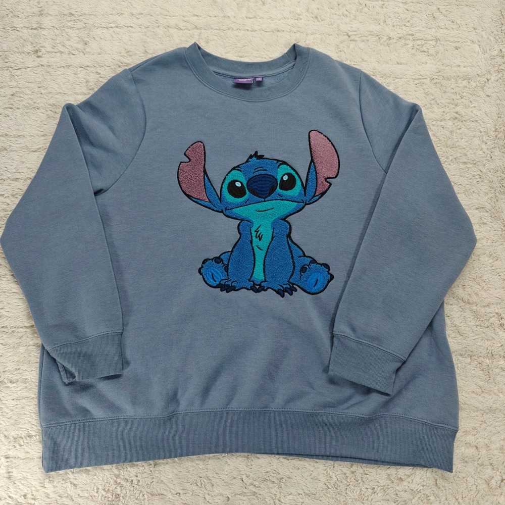 Disney Stitch Sweatshirt Womens 1X Embroidered Blue Pullover Crewneck Kawaii